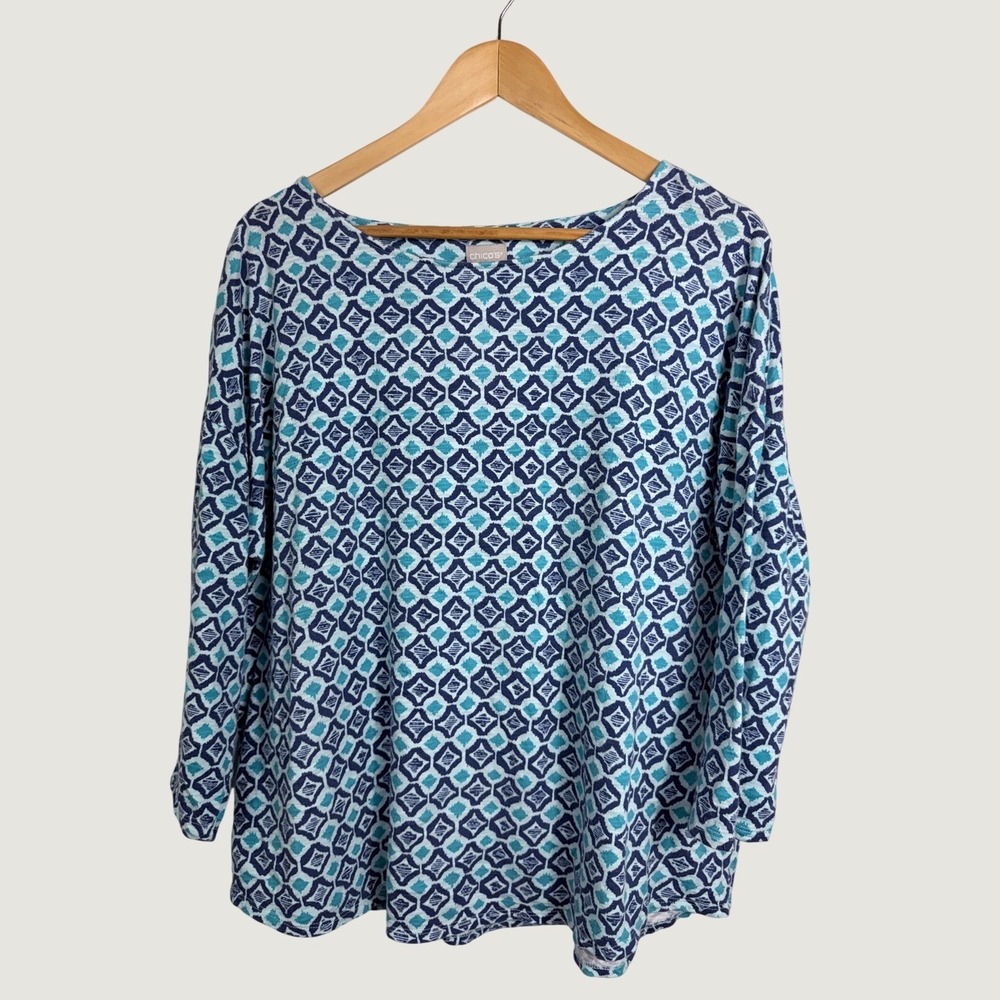 Chico's Top XL Blue Geometric Diamond Print 3/4 Sleeve Knit Pullover Size 3